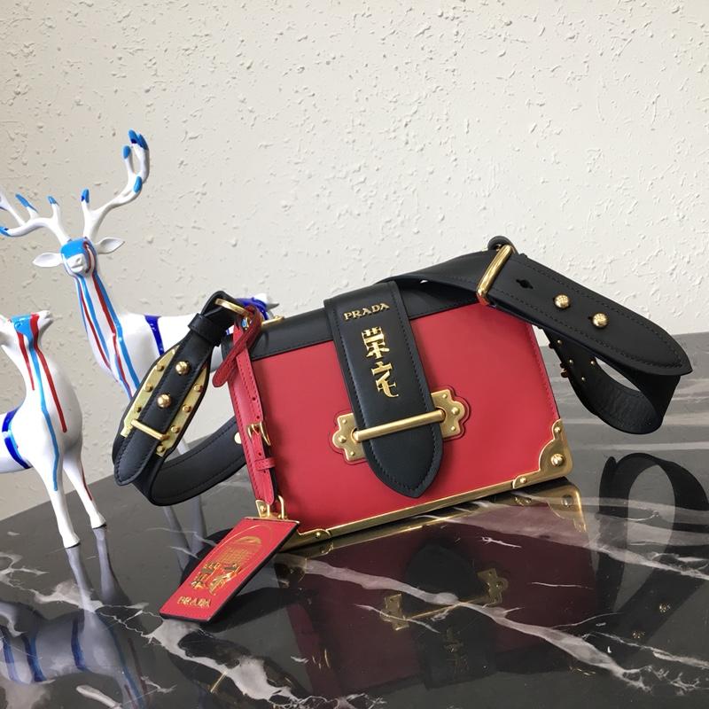 Prada 1BD045 Plain grain Rongzhai color matching gold buckle red and black